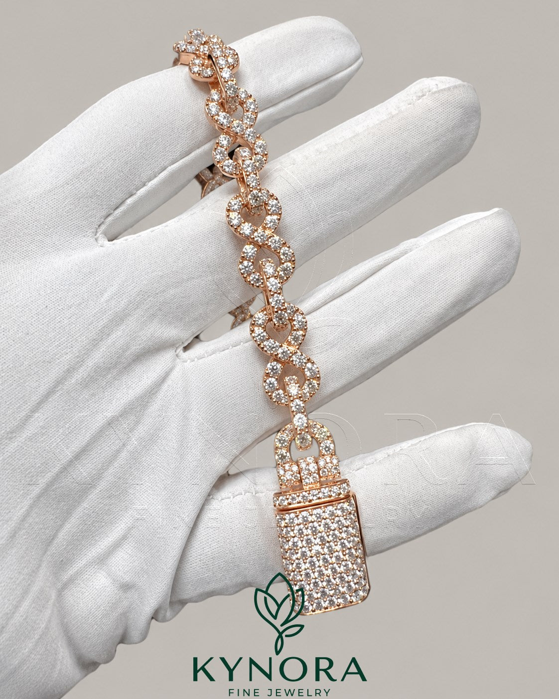 Sterling silver hiphop bracelet with 10mm VVS moissanite diamonds and infinity design by Kynora Jewels.